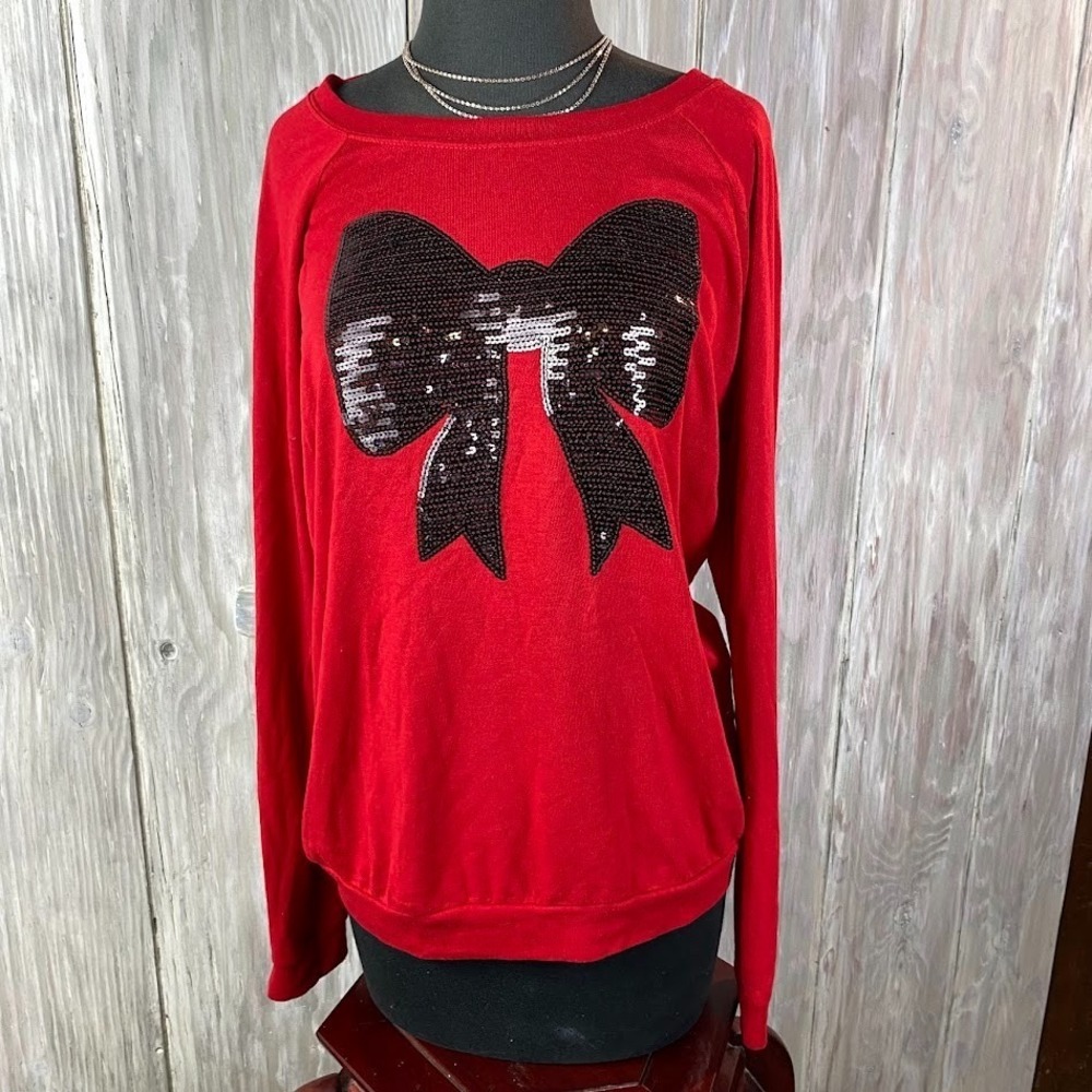 Jerry Leigh Red Sweater Black Sequin Bow XL 15-17 Christmas Present Holiday Gift